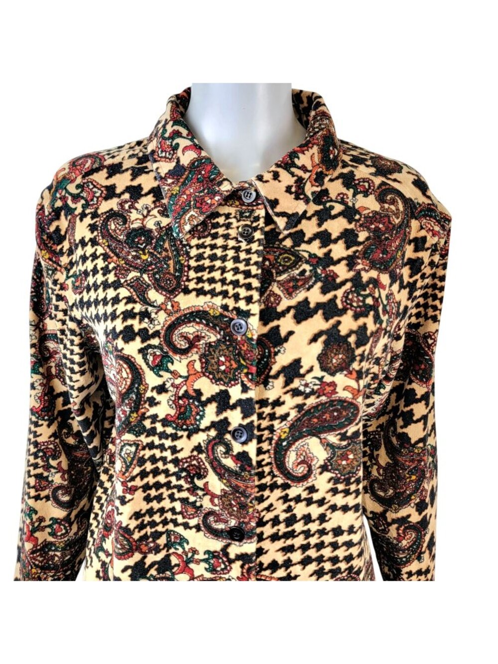 Vintage 90s Paisley Velour Shirt Women Medium Brown Button Up Collar Top Soft 10